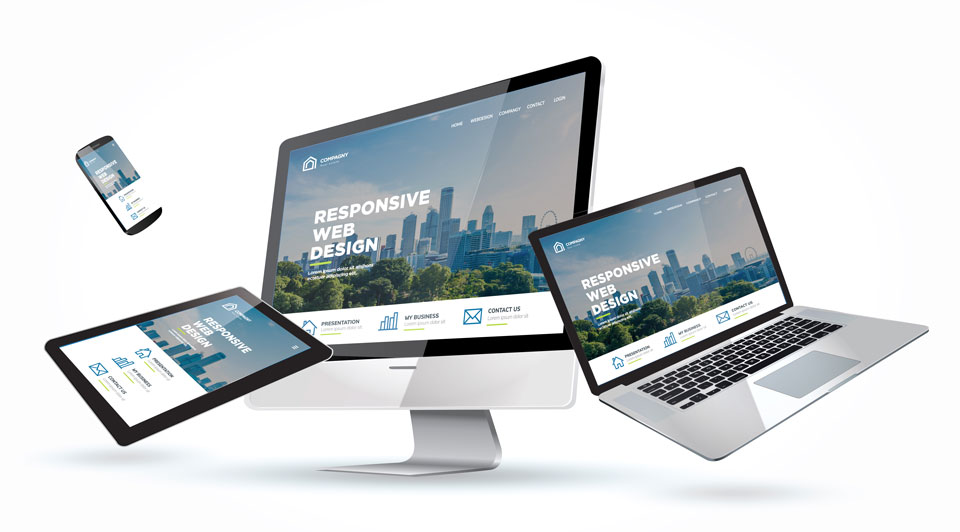 Responsive Geräteansammlung (Smartphone, Tablet, Notebook, Desktop-Computer)